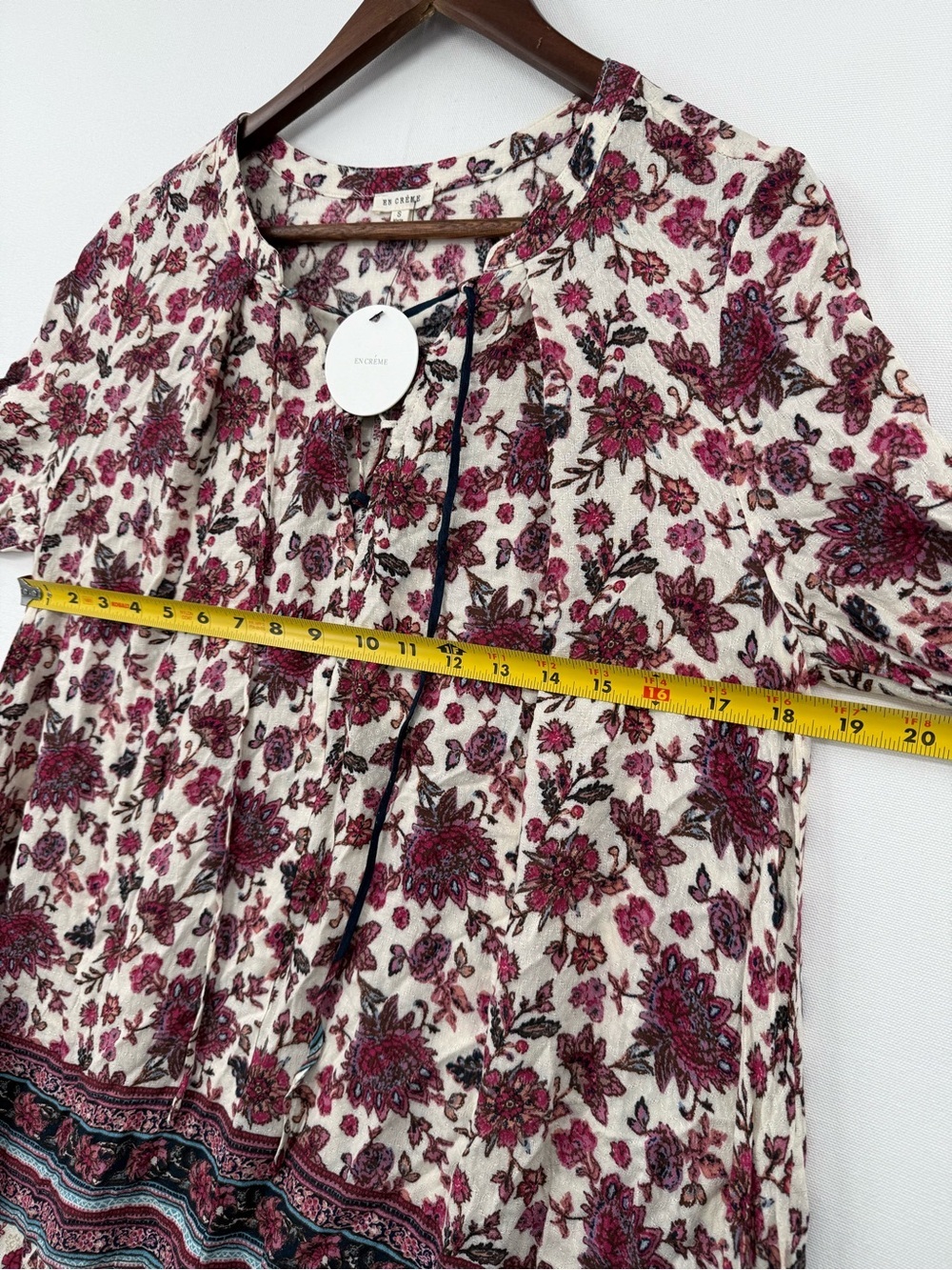 En Crème Floral Boho Dress Size S Bell Sleeve Tunic Pink Navy - Picture 11 of 11